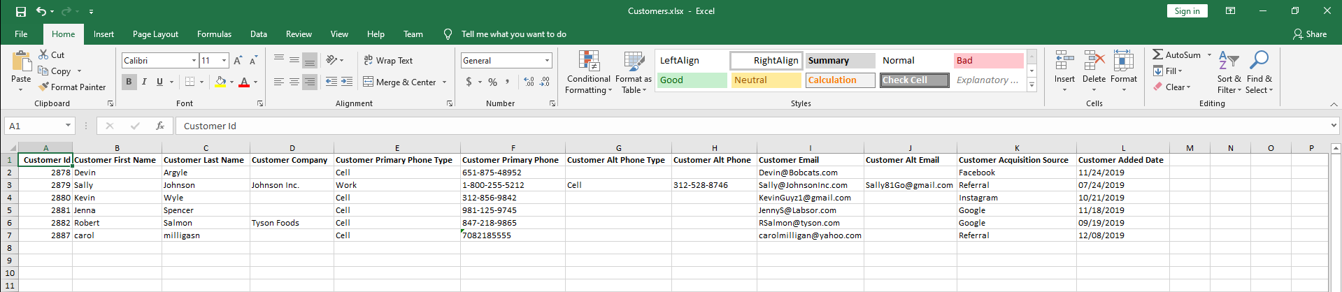 Xlsx customer file for upload