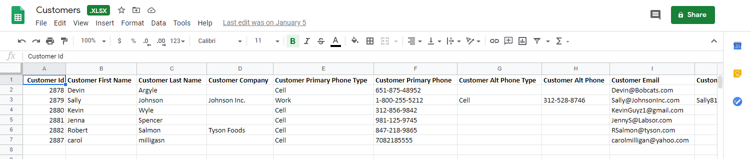 Google Sheets view customers data