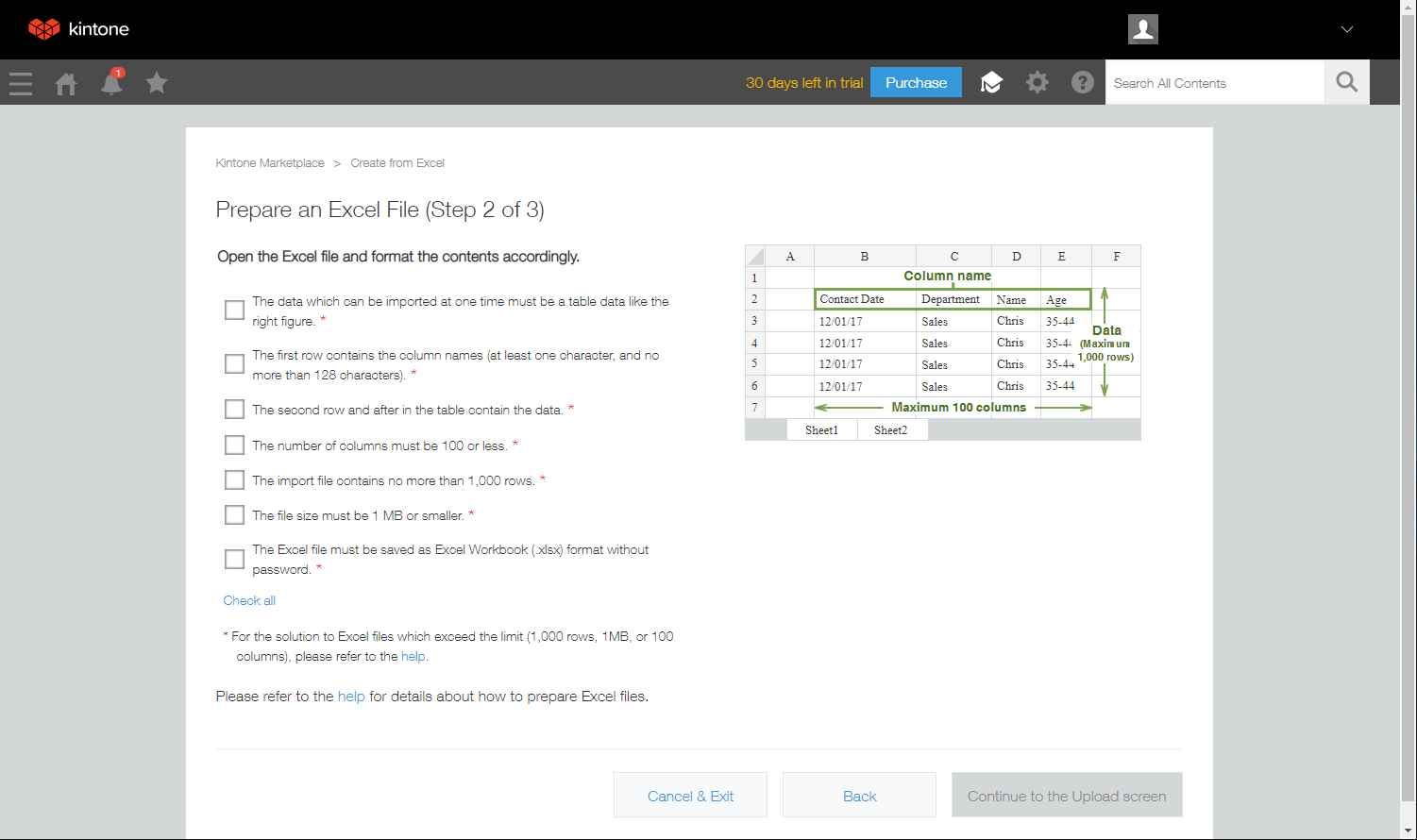 Kintone asks for 7 checkboxes for importing