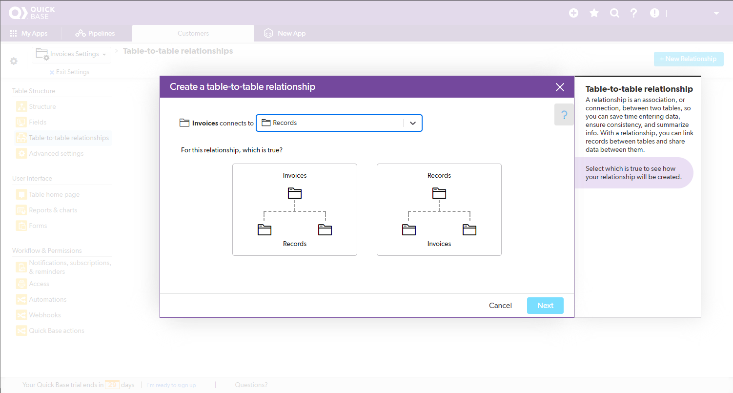 Quickbase relationships interface